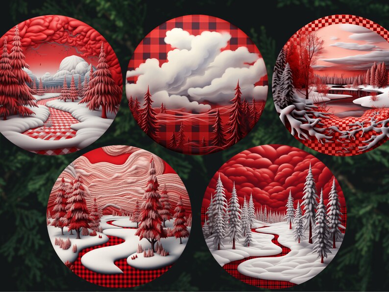 Red Plaid Christmas Ornaments Bundle, Round Ornaments Png, Prints