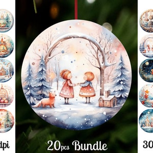 Lot de décorations de Noël conte de fées / aquarelle rondes ornements Png / décorations de Noël sublimation dessins / téléchargement numérique