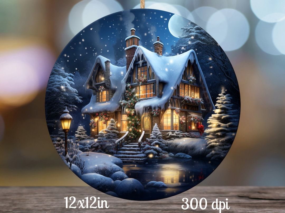 Christmas Cottage Wreath Sign PNG: Winter Sublimation Design (digital ...