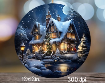 May include: A snowy, wintery scene with a cozy cottage with lit windows, surrounded by snow-covered trees and a small pond. The cottage has a snow-covered roof and a porch with a wooden railing. The scene is illuminated by a street lamp and the warm glow of the cottage's windows.
