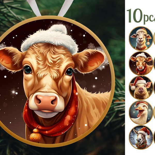 Farm Animals Christmas Ornaments Png, Round Christmas Ornaments png, Christmas Ornaments Sublimation Png Design Downloads