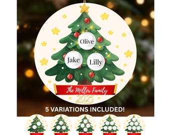 May include: A round Christmas ornament featuring a green watercolor Christmas tree with red ornaments and a gold star. The names "Olive", "Jake", and "Lilly" are displayed on the tree. The text "The Miller Family 2025" is on a red banner.