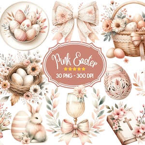 Rosa Ostern Clipart Bundle, Aquarell Ostern PNG, Pastell Ostern Sammlung Clipart, Florales Ostern PNG, kommerzielle Nutzung