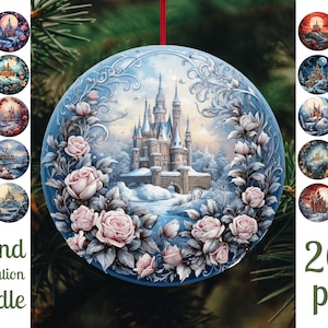 Sublimation de décorations de Noël château d'hiver / Bundle rond de boules de Noël Png / Sublimation d'hiver / téléchargement numérique