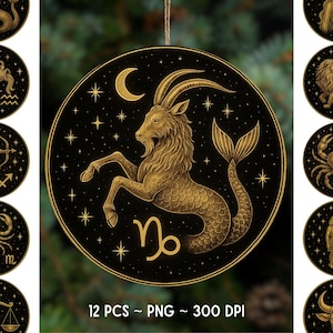 May include: A set of zodiac sign ornaments. The central ornament features a gold Capricorn illustration on a black background with stars and a crescent moon. The text "12 PCS ~ PNG ~ 300 DPI" is at the bottom.