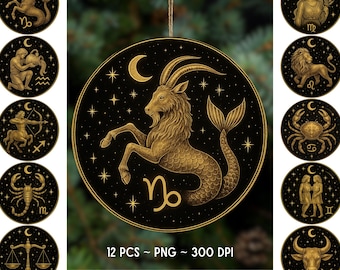 Puede incluir: Un conjunto de adornos de signos del zodiaco. El adorno central presenta una ilustración dorada de Capricornio sobre un fondo negro con estrellas y una luna creciente. El texto "12 PCS ~ PNG ~ 300 DPI" está en la parte inferior.