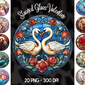 Paquete de imágenes prediseñadas PNG de sublimación de vitrales redondos para el día de San Valentín, 20 adornos para el día de San Valentín, posavasos, tarjetas, licencia comercial
