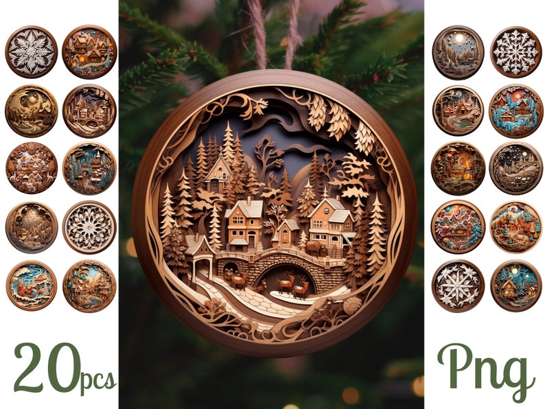 Wood Carving 3D Christmas Ornaments Sublimation / 3D Christmas Ornaments png / 3D Ornament Sublimation image 1