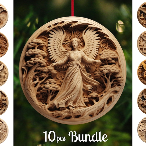 Christmas Angels Ornament Bundle / Wood Carving Ornament Sublimation / 3D Round Christmas Ornaments Png / Digital Download