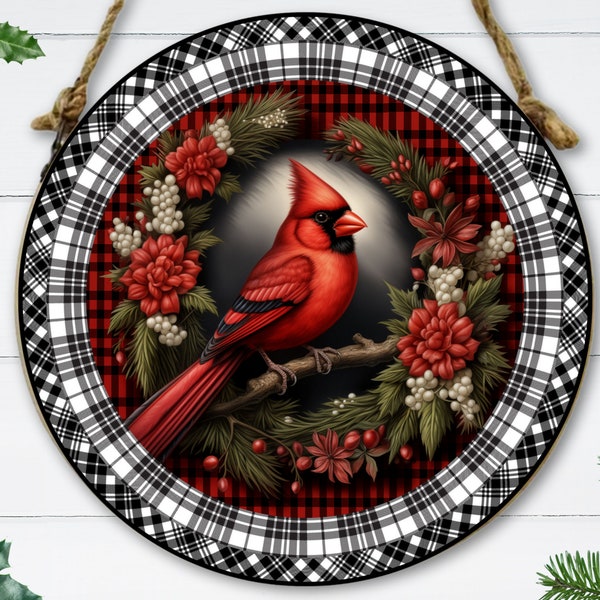 Red Cardinal Wreath PNG, Christmas Wreath Sign Sublimation PNG, Red Cardinal Round Door Signs, Cardinal Wall Decor Print, Digital Download