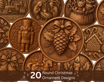 Wood Carved Christmas Ornament Designs, Xmas Clipart (Digital Download)