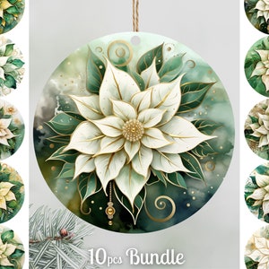 White Poinsettia Ornament Bundle / Watercolor Christmas Ornaments / Poinsettia Round Sublimation / PNG