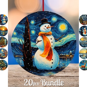 May include: A set of 20 round ornaments featuring a winter scene with a snowman standing in front of a tree. The background is a blue sky with white stars and a yellow moon. The ornaments are painted in a style reminiscent of Vincent van Gogh's Starry Night.