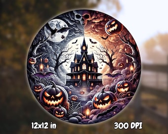 Halloween Round Sign Design: Printable Wreath Door Decor (PNG Digital Download 12x12 inches)