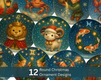 Lote de imágenes PNG de signos del zodiaco navideños: PNG de sublimación redonda (descarga digital)