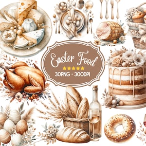 Coleção de clipart de comida de Páscoa em aquarela, 30 clipart de comida, clipart de vinho, clipart de pão, pacote de clipart de comida em aquarela, cesta de Páscoa png