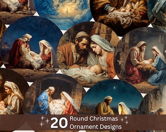 Imágenes prediseñadas de adornos navideños del Nacimiento - Paquete de imágenes PNG redondas imprimibles - Descarga instantánea