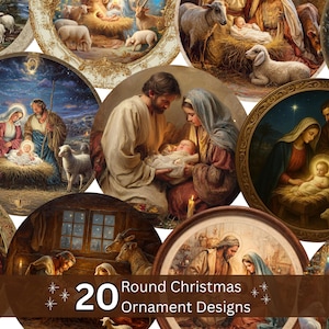 Op de afbeelding: Een verzameling van 20 ronde kerstornamentontwerpen met religieuze scènes. De ornamenten beelden de Geboorte uit, met Maria, Jozef en het kindje Jezus, in verschillende artistieke stijlen. De ontwerpen bevatten de tekst "Round Christmas Ornament Designs."