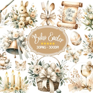 Pacchetto di clipart di Pasqua dell'acquerello, 30 clipart di Pasqua Boho PNG, clipart di Pasqua cristiana, clipart di cestino di Pasqua, clipart primaverile, clipart Boho