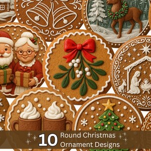 May include: A collection of round Christmas ornament designs. The ornaments feature festive illustrations of Santa and Mrs. Claus, a reindeer, a nativity scene, and other holiday-themed images. The text "10 Round Christmas Ornament Designs" is also included.