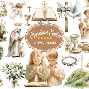 Aquarell Ostern Sammlung Clipart, 20 PNG religiöse Clipart, christliche Ostern Clipart, betende Kinder Clipart, religiöse Ostern Clipart