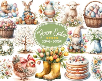 Watercolor Easter Clipart Bundle: Bunny, Eggs, Flowers (PNG Digital Download)