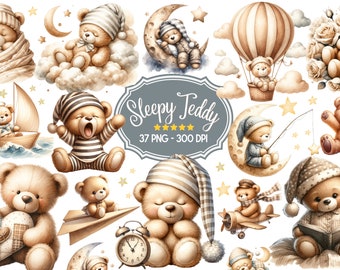 Sleeping Bear Clipart, Watercolor Teddy Bear Clipart Bundle, Sleeping Teddy, Nursery Clipart, Cute Teddy Bear on Cloud, Baby Shower Clipart