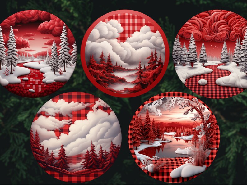 Red Plaid Christmas Ornaments Bundle, Round Ornaments Png, Prints