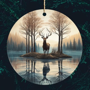 Buck Christmas Ornament, Round Sublimation 12&#39;&#39; and 8&#39;&#39;, Deer with reflection in a snowy lake, Deer Ornament PNG, Instant Download