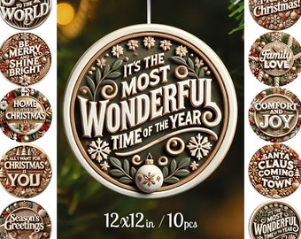 Peut inclure: Ensemble de 10 boules de Noël rondes avec différents motifs festifs. Chaque boule présente un message différent sur le thème des fêtes, notamment "C'est le moment le plus merveilleux de l'année", "La maison est là où se trouve Noël" et "Le Père Noël arrive en ville". Les boules ont un diamètre de 30,48 cm.