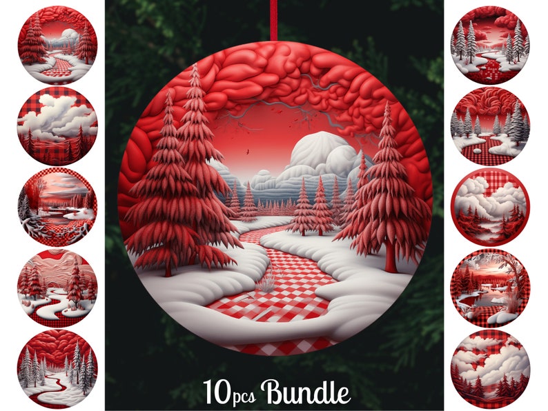 Red Plaid Christmas Ornaments Bundle, Round Ornaments Png, Prints