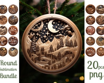 3D Christmas Ornaments Bundle / Christmas Round Ornament Png / Wood Carving / Sublimation Designs / 3D Christmas Ornaments