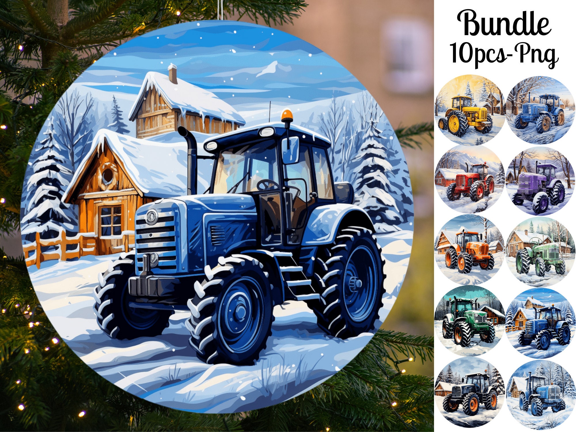 Tractor Christmas Ornaments Sublimation, Round Christmas Ornaments