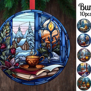 Book Lover Christmas Ornament Png Bundle / Round Christmas Ornament Png / Tree Ornament Sublimation Design