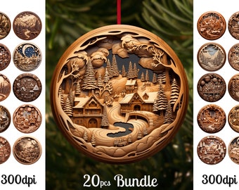 May include: Wooden Christmas ornament with a detailed, layered design depicting a winter village scene. The ornament is round with a carved-out center showing houses, trees, and a river. Additional smaller ornaments with similar designs are also visible. The text "20pcs Bundle" and "300dpi" are present.