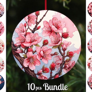 Cherry Blossom Ornament Sublimation Bundle / Round Christmas Ornaments Png / Sakura Round Sublimation / Digital Download