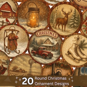 Puede incluir: Una colección de 20 diseños redondos de adornos navideños. Cada adorno presenta una escena invernal, incluyendo un granero rojo, un ciervo, una vela en un tarro y una camioneta roja con un árbol de Navidad. Los adornos tienen una estética rústica y vintage.