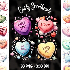 Conversation Hearts Clipart Bundle, Valentine&#39;s Day, Sweethearts PNG, Candy Heart Png, Conversation Hearts Clipart, Digital