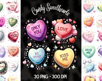 Conversation Hearts Clipart Bundle, Valentine's Day, Sweethearts PNG, Candy Heart Png, Conversation Hearts Clipart, Digital