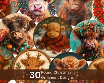 Highland Cow Christmas Ornament PNG Bundle: Round Sublimation Designs (Digital Download)