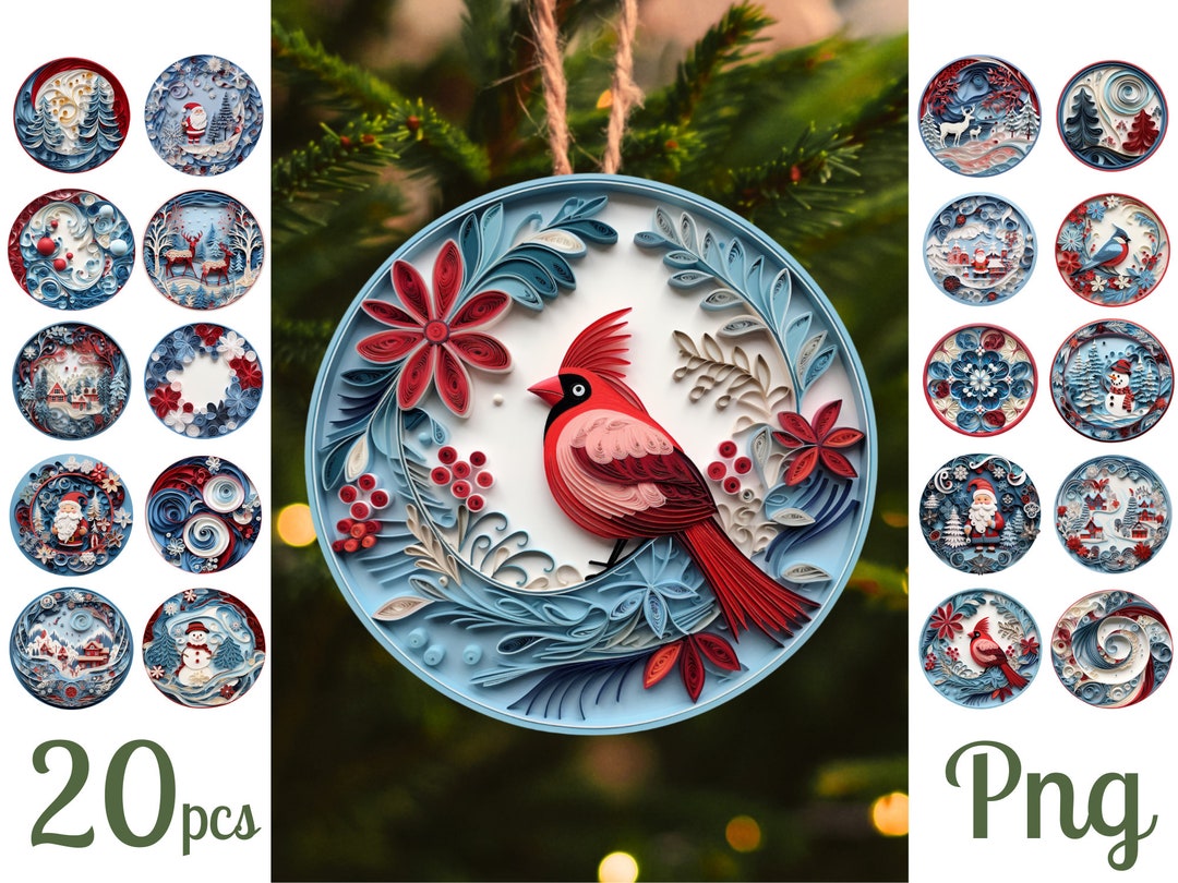 Quilling 3D Christmas Tree Ornaments Bundle Sublimation / 3D Round Png