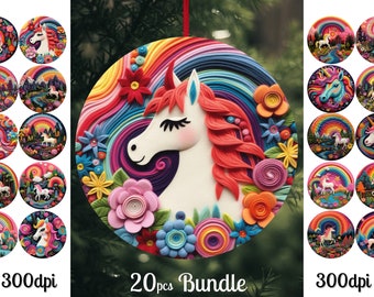 Unicorn 3D Christmas Ornaments Bundle / Christmas Round Ornaments Png / Christmas 2023 Sublimation Designs