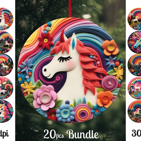 Unicorn 3D Christmas Ornaments Bundle / Christmas Round Ornaments Png / Christmas 2023 Sublimation Designs