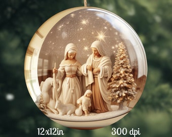 3D Nativity Scene Round Design PNG Christmas Ornament Snow Globe Sublimation Religious Wreath Sign Instant Digital Download
