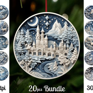 3D Christmas Ornaments Png Bundle Winter Woodcarving Round Png Sublimazione Disegni Download Digitale