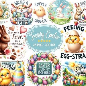 Funny Easter Quotes PNG Clipart Bundle, 26 Watercolor Easter Collection Clipart, Cute Easter Clipart, Funny Easter Sayings PNG