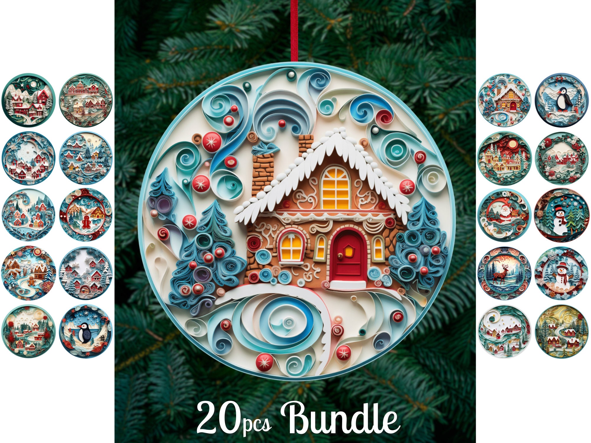 Quilling 3D Christmas Ornaments Sublimation / 3D Round Christmas Ornaments Png / Christmas Sublimation Bundle / Digital / Download