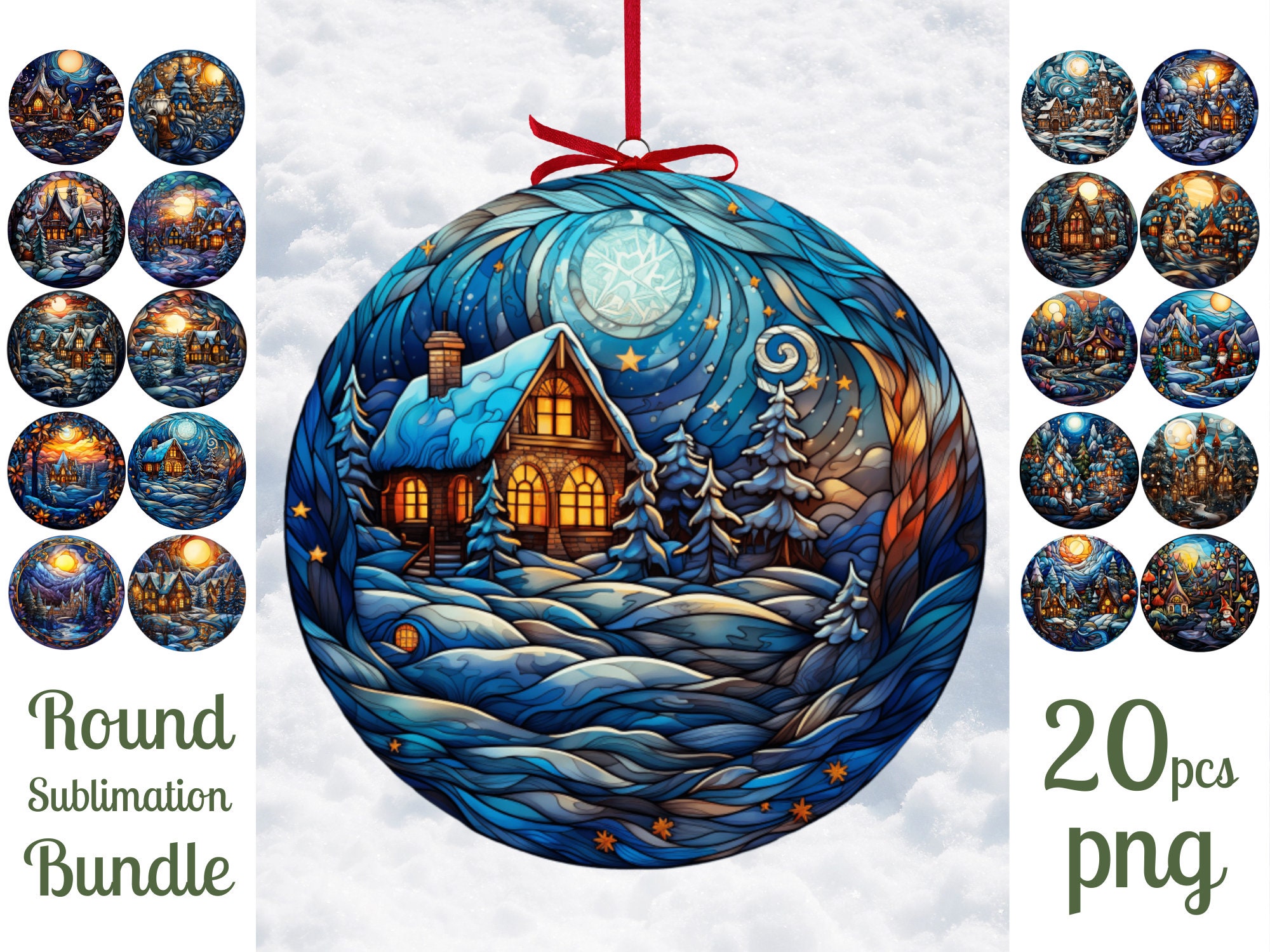Stained Glass Christmas Ornaments / Christmas Ornament Bundle / Stained Glass Round Sublimation / PNG