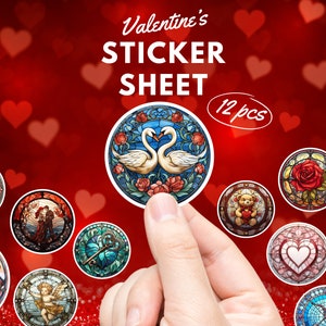 Valentine's Day Sticker Sheet Set of 12 Stickers, Cute Valentines Stickers, Romantic, Valentines Gift