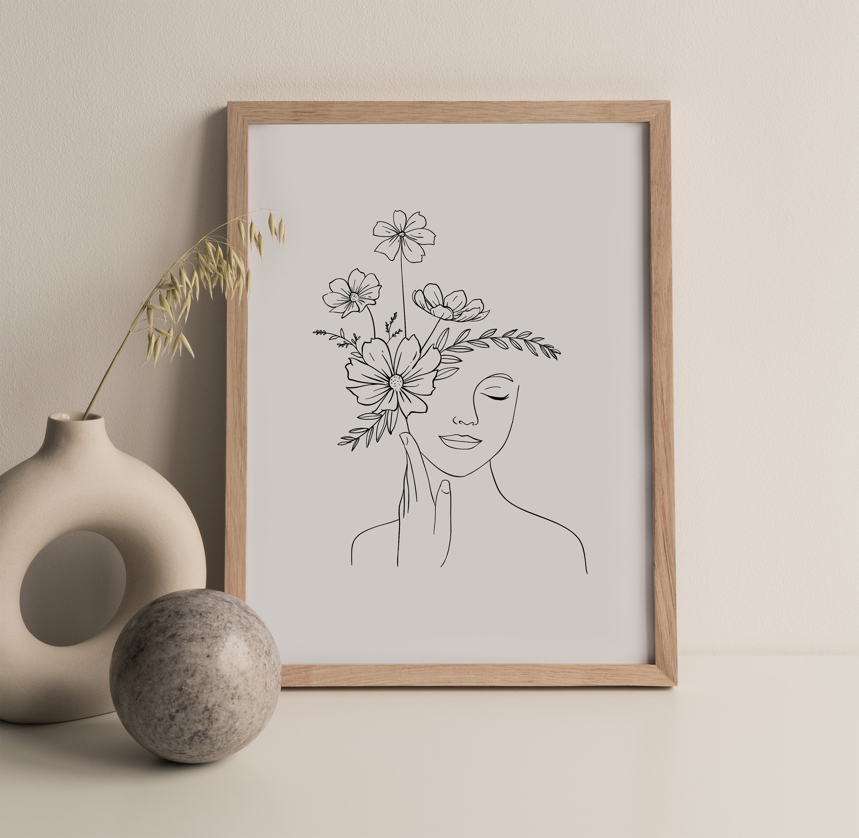 Head of Flowers Art Print Line Art Woman With Flowers Flower Etsy